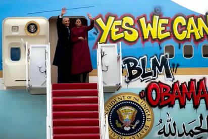 Donald Trump compartió en Truth Social una imagen manipulada de Barack y Michelle Obama junto a un Air Force One con grafitis, lo que volvió a generar