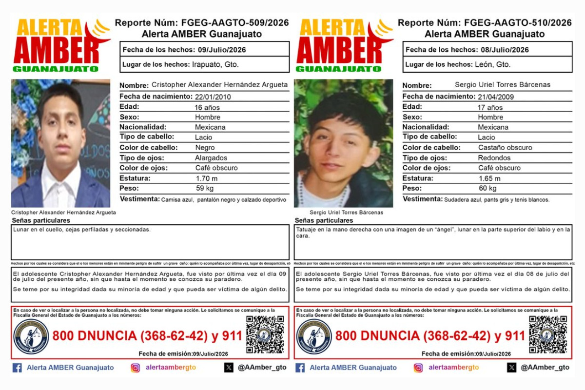 Buscan a Christopher y Sergio Uriel; emiten Alerta AMBER en Guanajuato