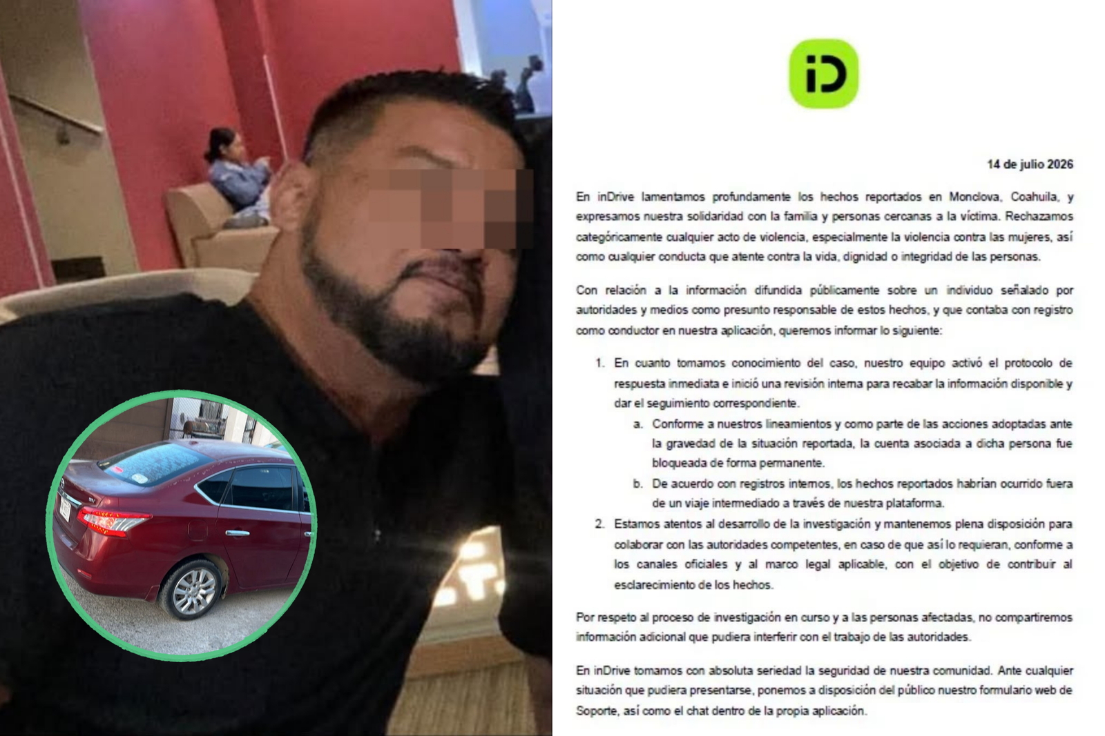 InDrive cancela cuenta de conductor investigado por presunto femincidio 