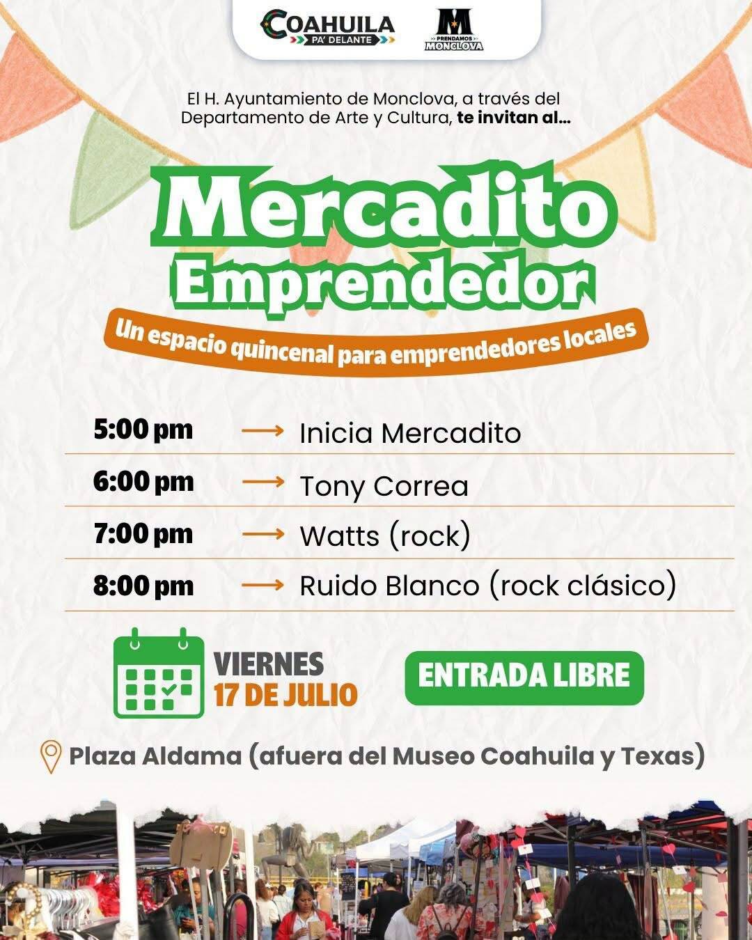 Plaza Aldama: El evento reunirá a emprendedores locales, música en vivo y actividades familiares este viernes en la Plaza Aldama.