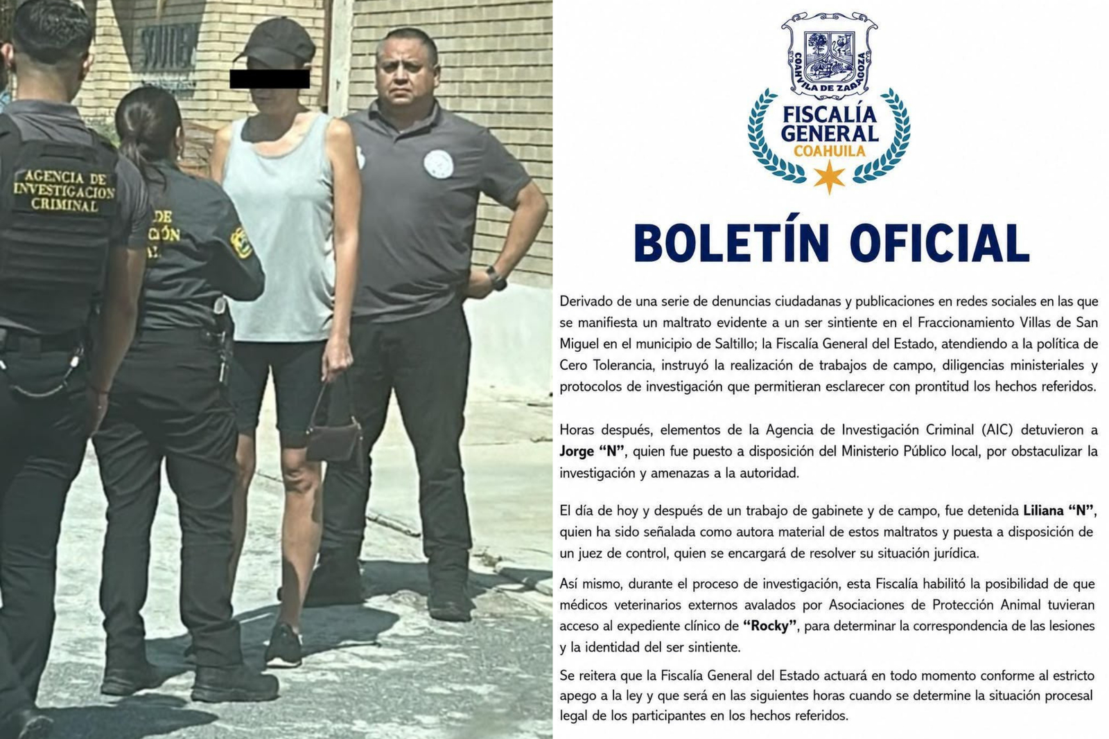 Detienen a mujer por presunto maltrato animal contra "Rocky" en Saltillo