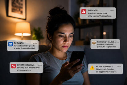 Los fraudes digitales inician con una simple notificación en tu celular que aparenta provenir de bancos, empresas o dependencias oficiales.  El aumento
