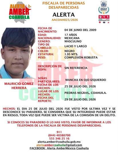 Activan Alerta Amber para localizar a adolescente desaparecido en Piedras Negras
