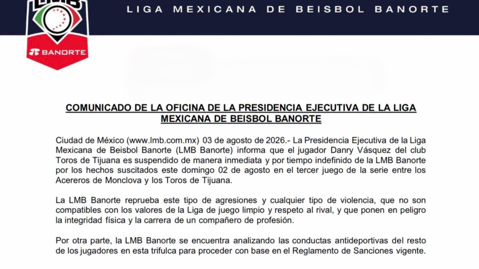 Danry Vásquez queda fuera de LMB Banorte por tiempo indefinido