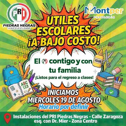 PRI Piedras Negras anuncia apoyo para el regreso a clases con útiles escolares y mochilas gratuitas