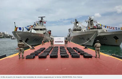 La Secretaría de Marina, informó que este domingo arribó al puerto Acapulco a bordo de una Unidad de Superficie de la Semar, dos toneladas de cocaína asegurada