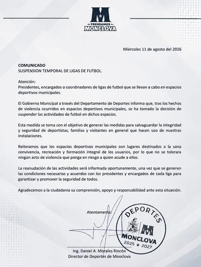 Suspensión del futbol en Monclova abre revisión sobre seguridad en ligas de Piedras Negras