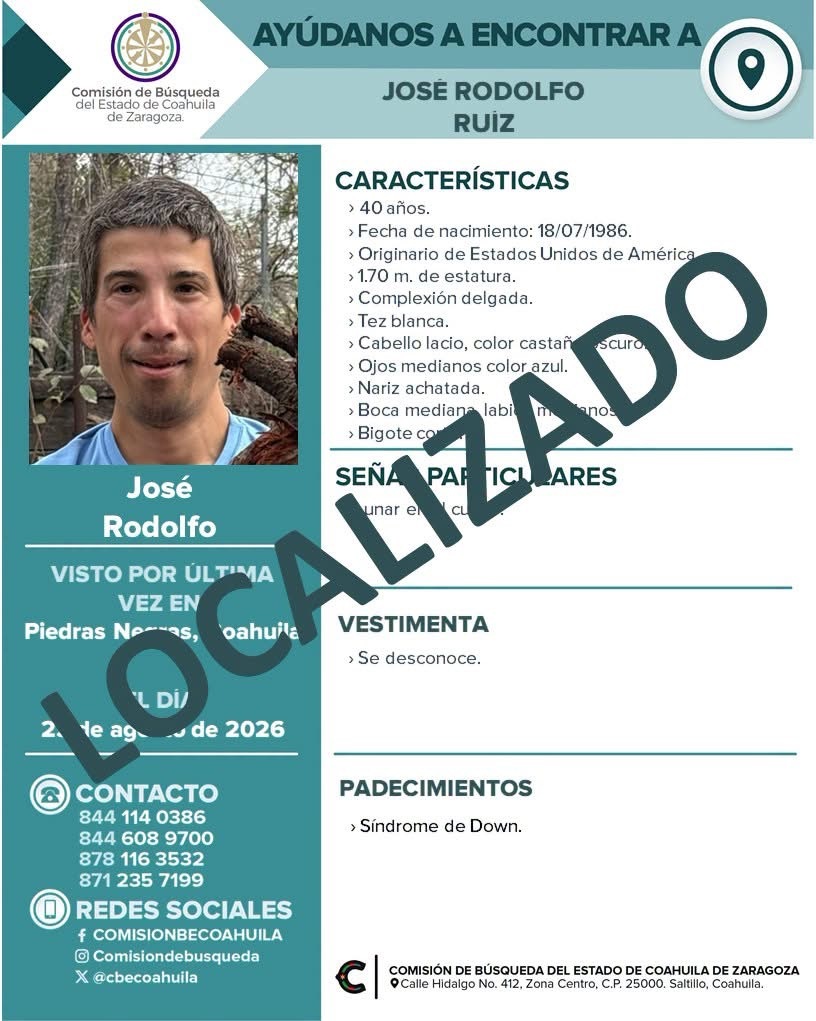 Localizan en Piedras Negras a hombre de 40 años con síndrome de Down