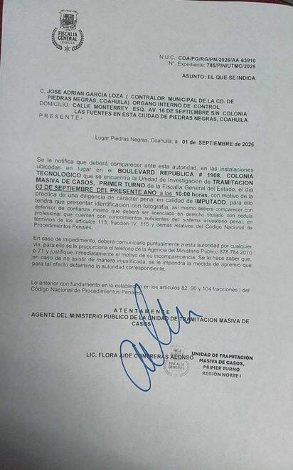 Citan como imputado a contralor municipal de Piedras Negras ante la FGE