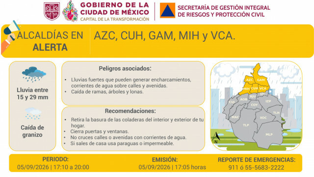 Alerta amarilla en CDMX por lluvias fuertes y granizo