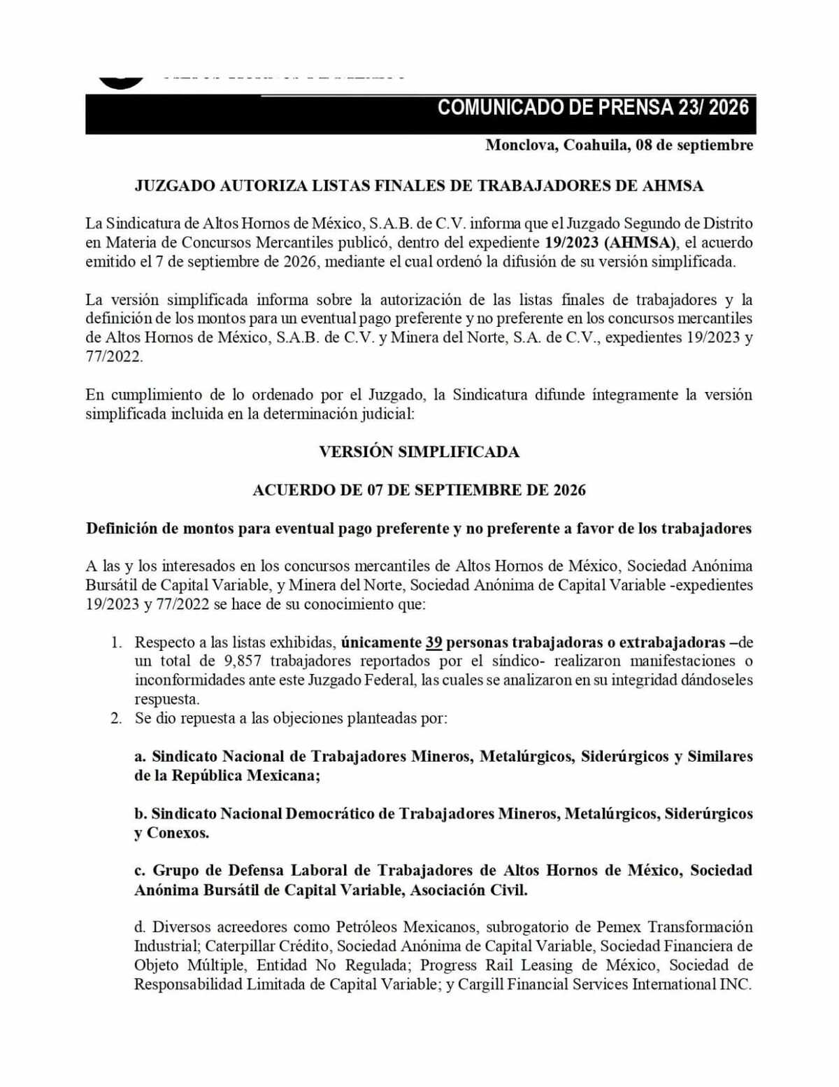 AHMSA: AHMSA registra 9 mil 857 trabajadores en la lista contemplada por la resolución. 