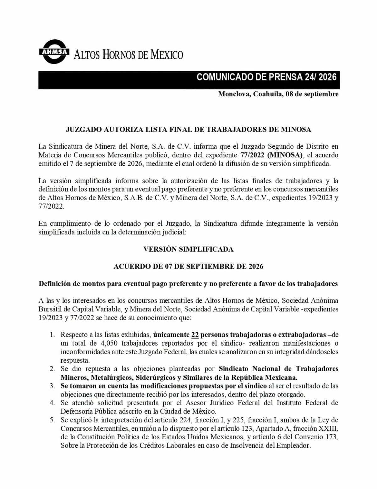 AHMSA: AHMSA registra 9 mil 857 trabajadores en la lista contemplada por la resolución. 