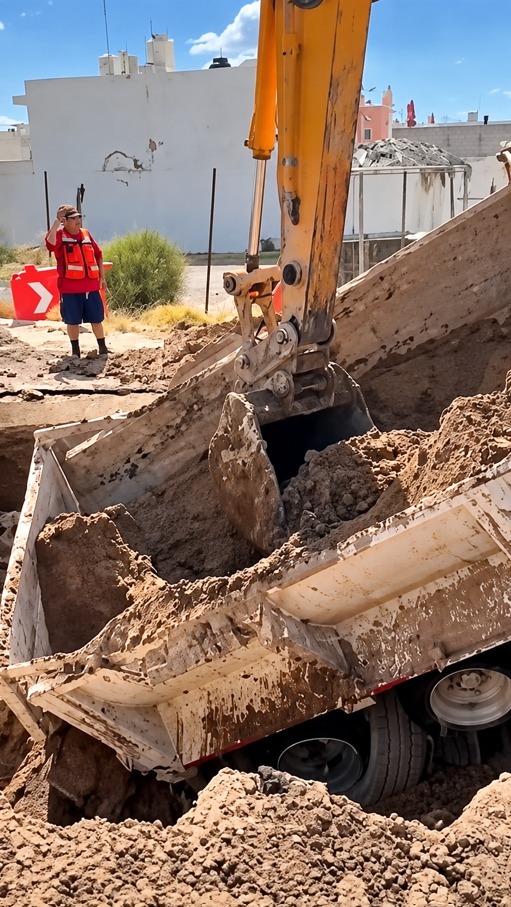 Camión de volteo queda atrapado en hundimiento en Torreón