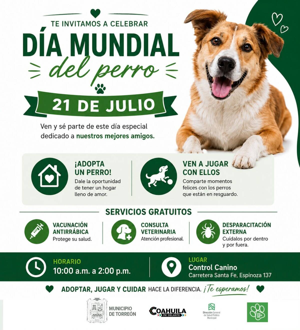 Invita Control Canino a conmemorar el Día Mundial del Perro con jornada de adopción y servicios gratuitos de cuidado animal