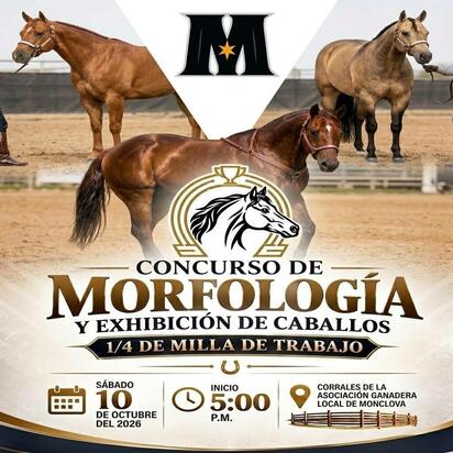 El próximo sábado 10 de octubre de 2026 se realizará un Concurso de Morfología y Exhibición de Caballos, además de una actividad de 1/4 de milla de trabajo.
