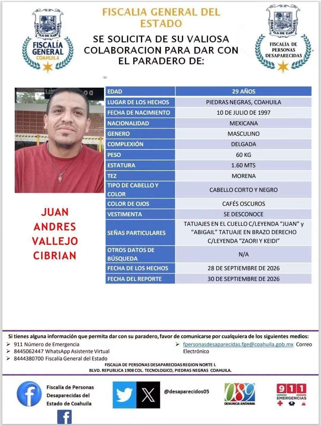 Localización: La persona localizada fue identificada como Juan Andrés Vallejo Cibrián.