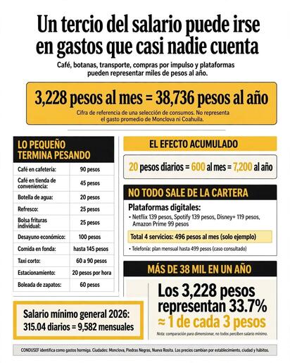 Café, botanas, transporte, compras por impulso y plataformas pueden representar miles de pesos al año.  Un café por la mañana, una botella de agua, unas