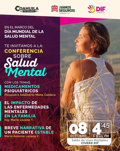 Invita DIF Torreón a conferencia sobre salud mental