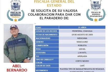 Piden apoyo de la ciudadanía.  FRONTERA, COAH.- La Fiscalía General del Estado de Coahuila y familiares mantienen la búsqueda de Abel Bernardo Castillo Peña,