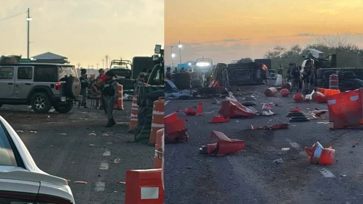 Conductora pierde el control y destroza parte de un retén militar en carretera de Tamaulipas