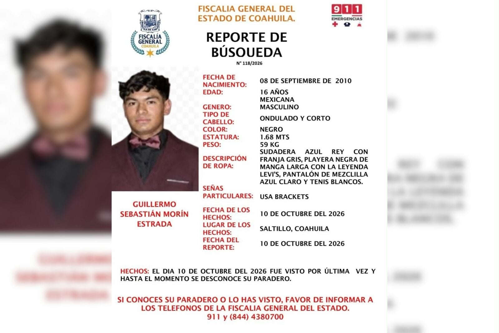 Buscan a adolescente de 16 años desaparecido en Saltillo