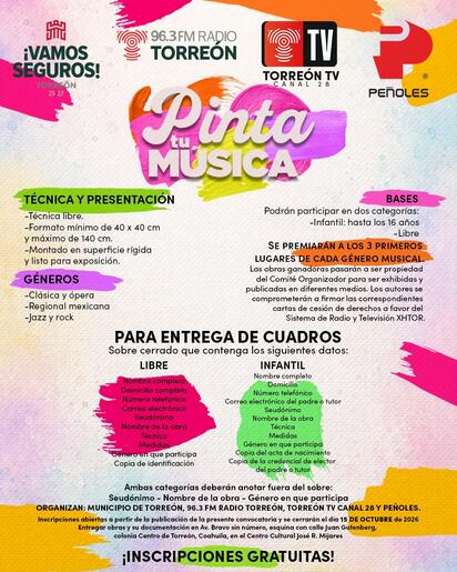 Este jueves cierra la convocatoria de “Pinta tu Música” en Torreón