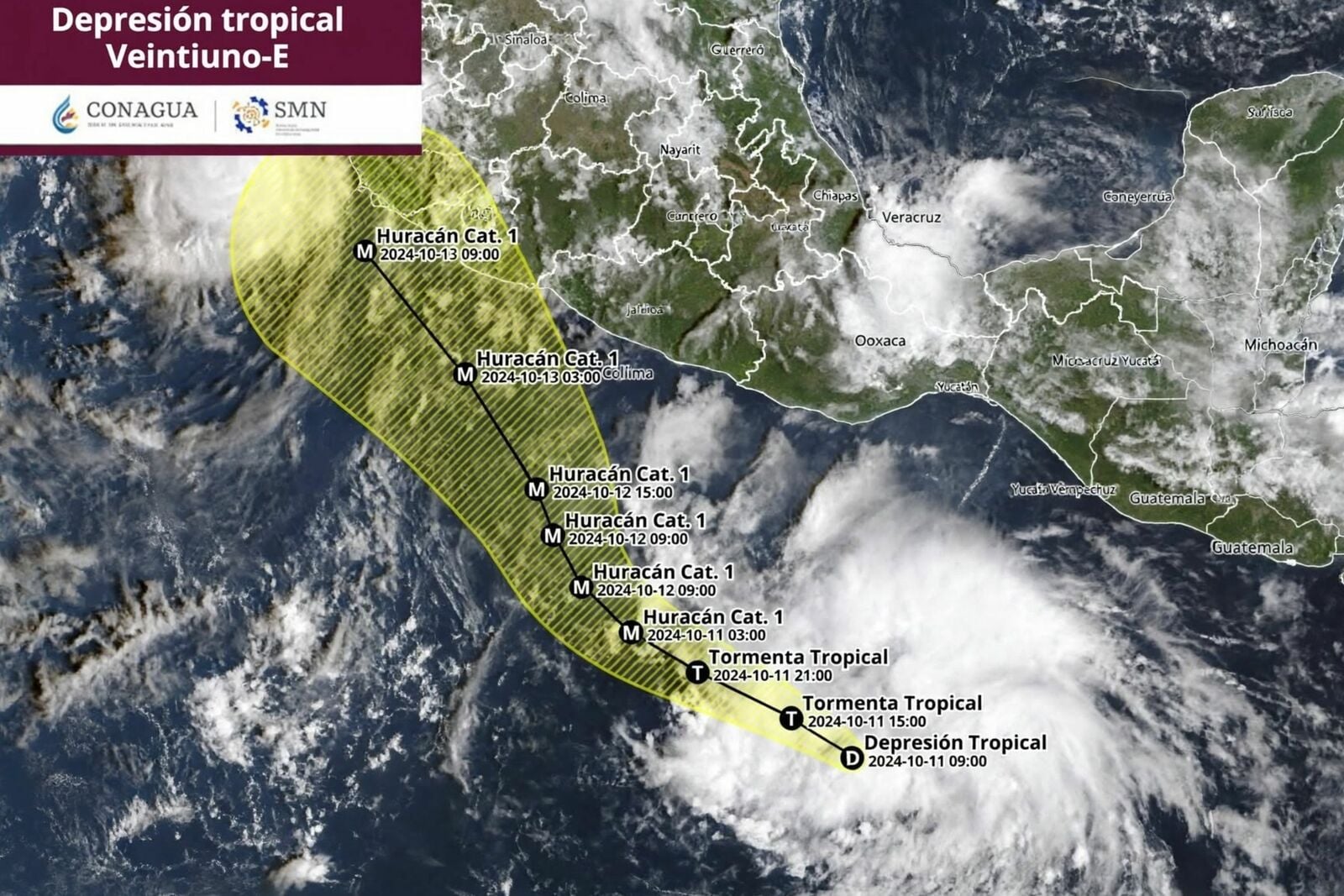 Depresión Tropical Veintiuno-E se forma al sur de México