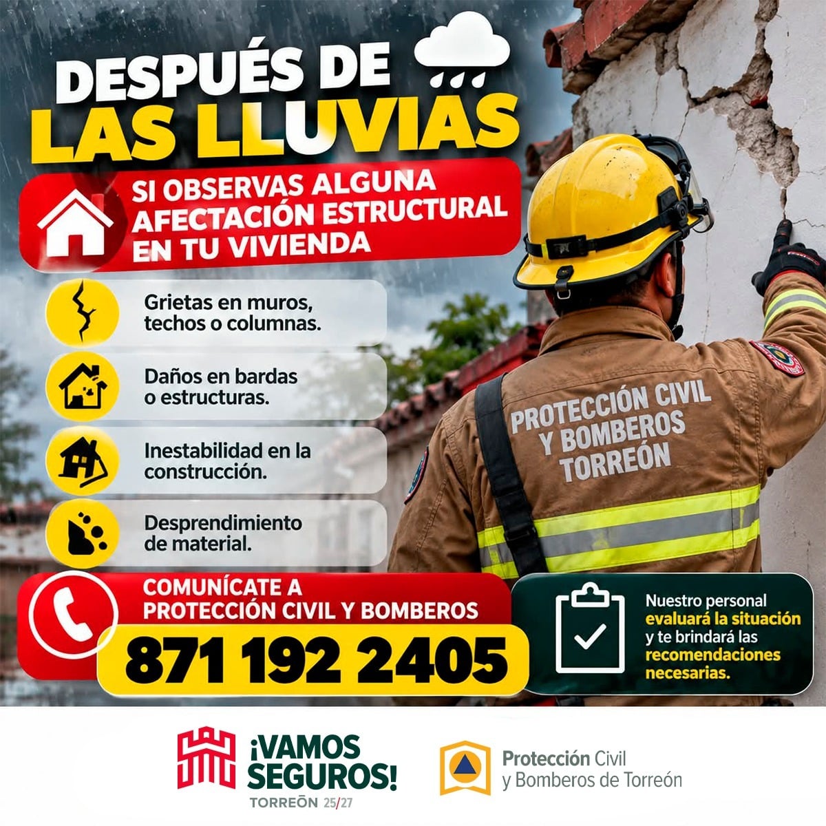 Exhorta Protección Civil a revisar condiciones de viviendas tras lluvias en Torreón