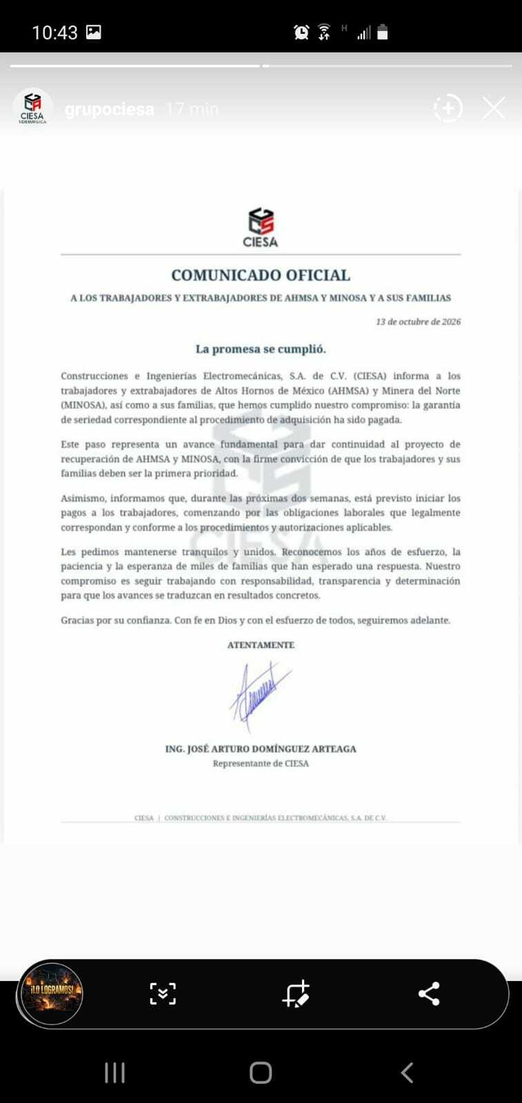 Circula presunto comunicado de CIESA sobre pago de garantía de AHMSA; fuentes internas no lo confirman
