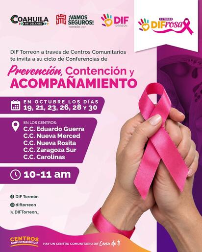 DIF Torreón anuncia pláticas sobre el cáncer de mama en sus centros comunitarios