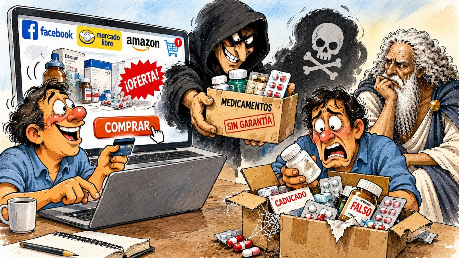 Caricatura editorial... Medicamentos en línea: ofertas que enferman