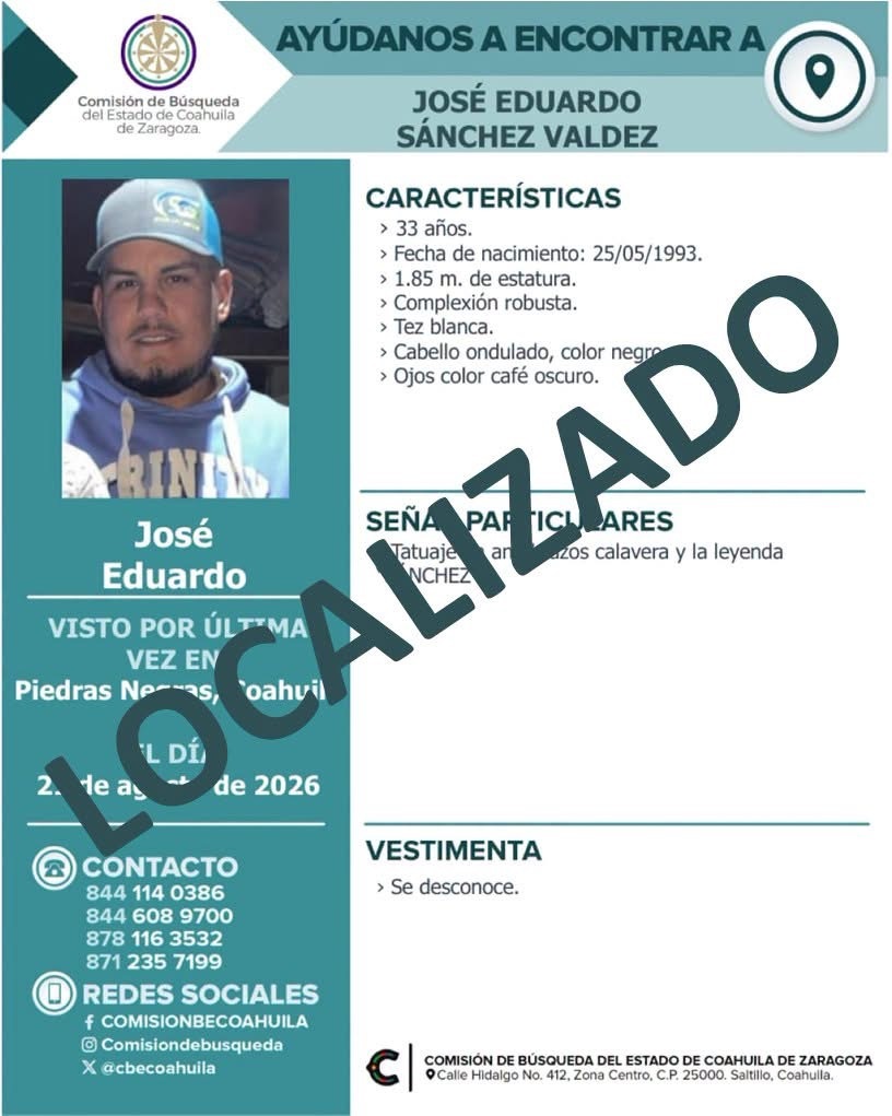 Localizan a José Eduardo Sánchez Valdez; era buscado desde agosto