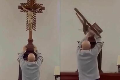 Un sacerdote colombiano vivió un momento de angustia cuando una cruz cayó sobre él mientras grababa contenido para sus redes sociales.  El cura Óscar Echeverri