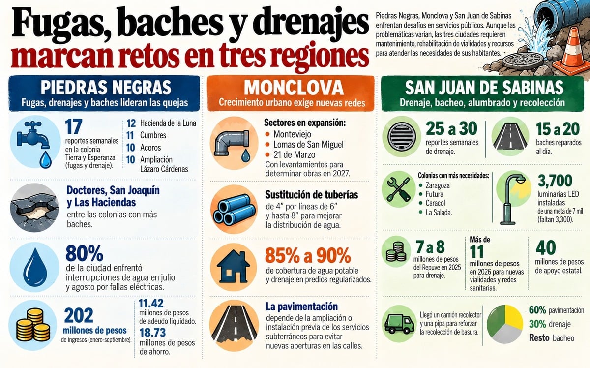 Fugas, baches y drenajes exhiben rezagos en tres regiones del estado